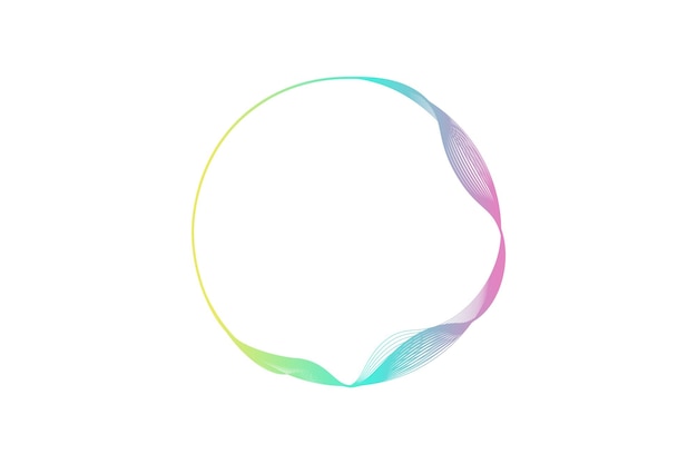 Un diseño abstracto con líneas onduladas de colores arco iris que forman un círculo incluye un espacio central