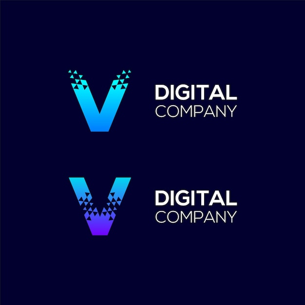 Vector diseño abstracto del logotipo de la letra v con el concepto triangle pixels para technology digital business company