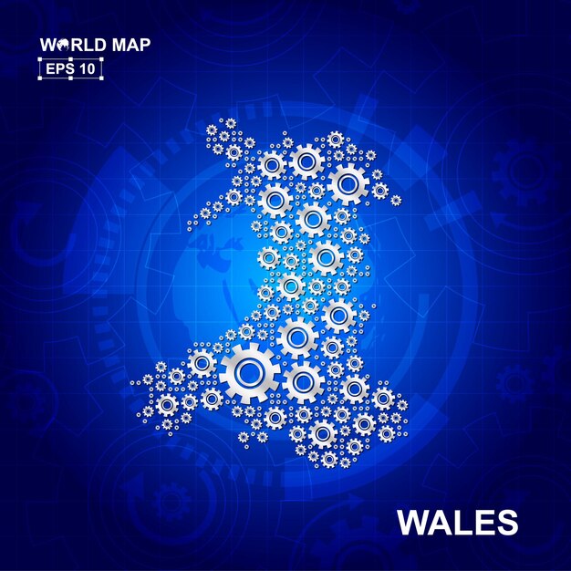 Diseño abstracto del mapa de gales con ruedas dentadas de transmisión y concepto de icono de engranajes