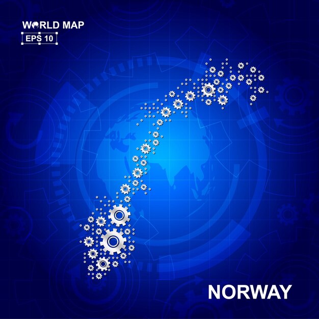 Diseño abstracto de mapas de noruega con ruedas dentadas de transmisión y concepto de icono de engranajes