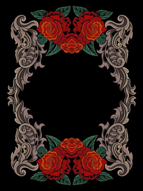 Diseño de adorno grabado vectorial para invitaciones de boda con rosas de color editables