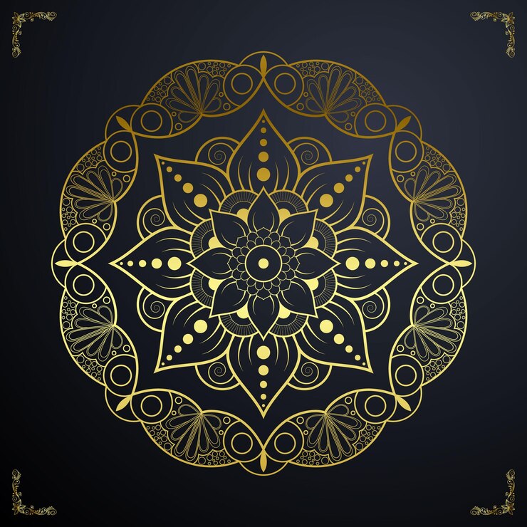 Diseño de adorno de mandala dorado aislado en un fondo oscuro