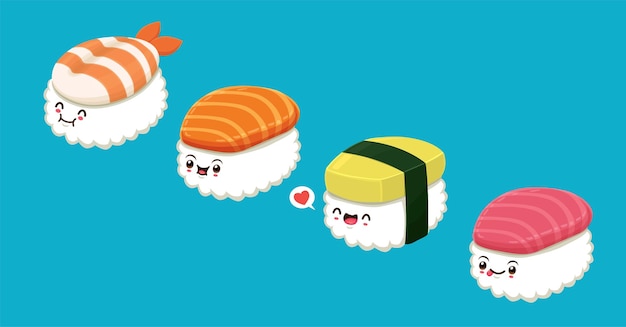 Diseño de afiche de comida japonesa vintage con personajes vectoriales de sushi