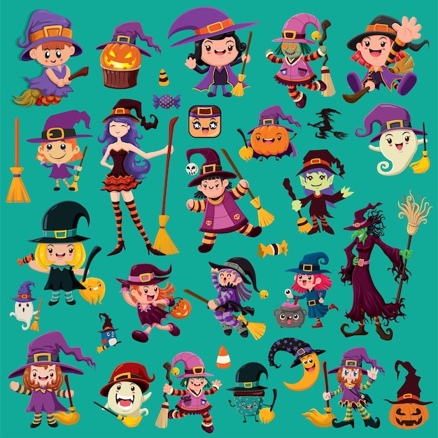 Diseño de afiche de Halloween vintage con bruja vectorial, juego de caracteres jack o linterna.