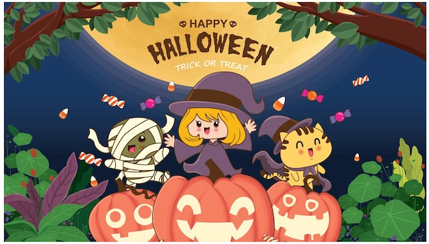 Diseño de afiche de halloween vintage con bruja vectorial, momia, gato, personaje de jack o linterna.