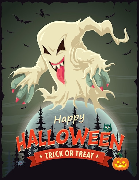 Diseño de afiche de halloween vintage con carácter fantasma vectorial.