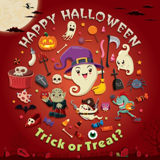 Diseño de afiche de Halloween vintage con carácter fantasma vectorial.