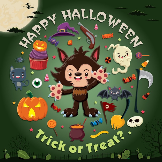 Diseño de afiche de Halloween vintage con carácter de hombre lobo vectorial.