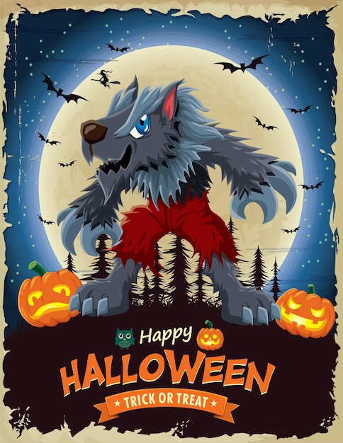 Diseño de afiche de Halloween vintage con carácter de hombre lobo vectorial.