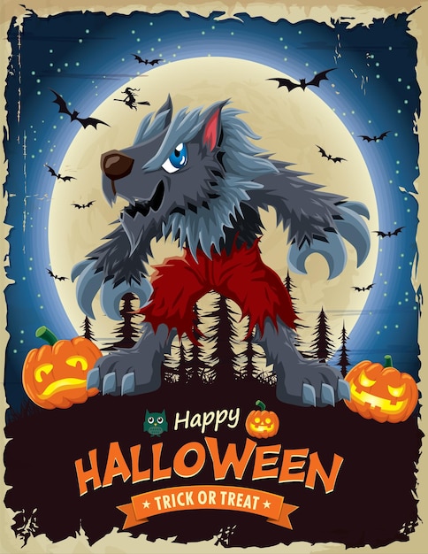 Diseño de afiche de halloween vintage con carácter de hombre lobo vectorial.