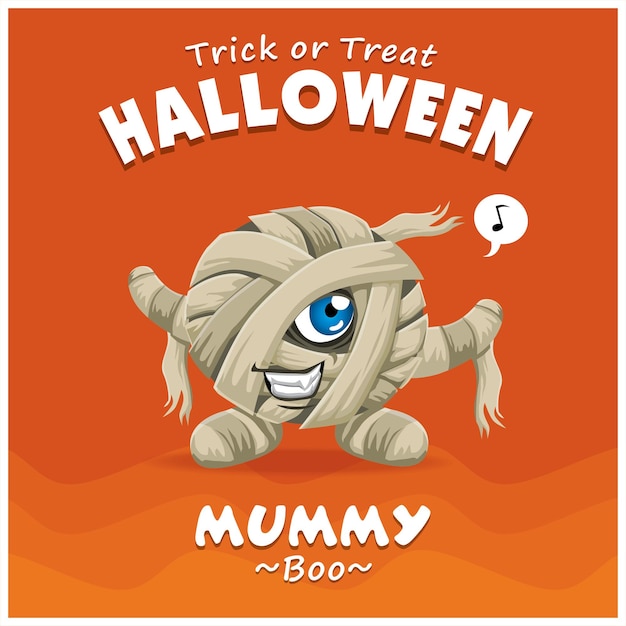 Diseño de afiche de Halloween vintage con carácter de momia vectorial.
