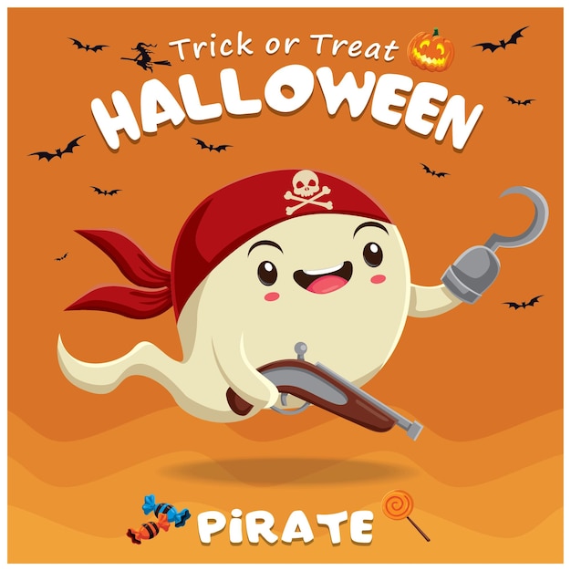 Diseño de afiche de halloween vintage con carácter de pirata fantasma vectorial.