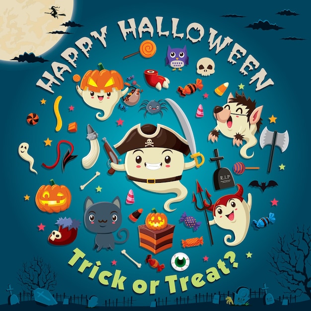 Diseño de afiche de Halloween vintage con carácter de pirata fantasma vectorial.