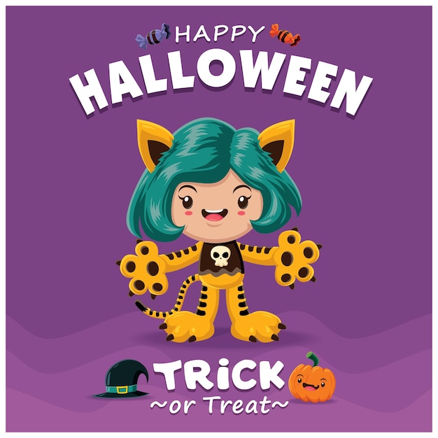 Diseño de afiche de halloween vintage con carácter de tigre vectorial.