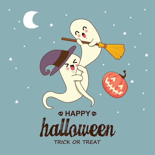Diseño de afiche de Halloween vintage con fantasma vectorial, personaje de jack o linterna.