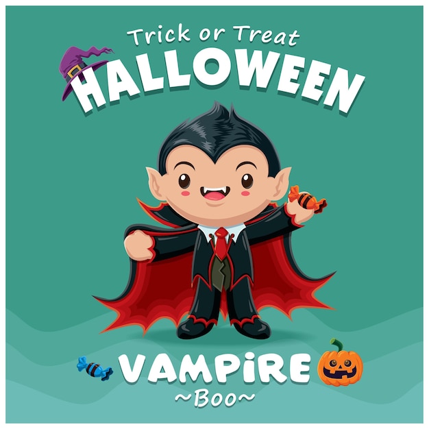 Diseño de afiche de Halloween vintage con personaje de vampiro vectorial.