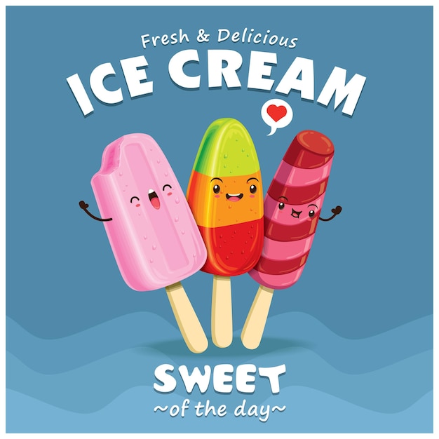 Diseño de afiche de helado vintage con carácter de helado.