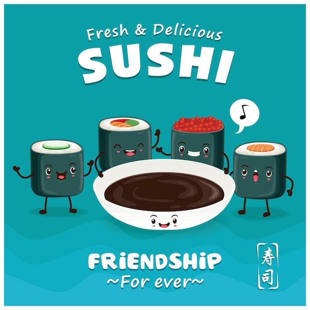 Diseño de afiche de sushi vintage con carácter vectorial de sushi. La palabra china significa sushi.