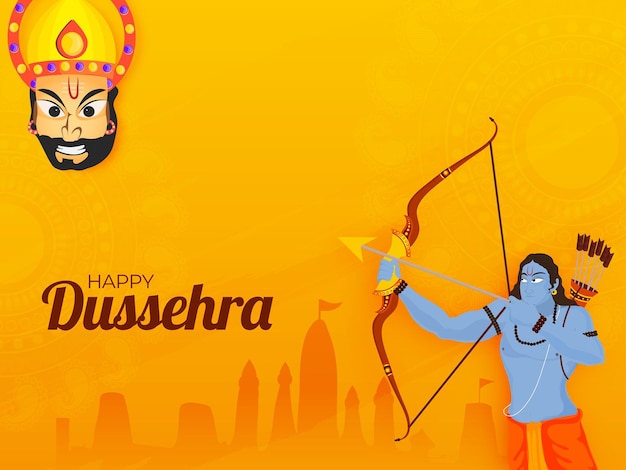 Diseño de afiches de celebración de Dussehra feliz con Lord Rama apuntando contra el rey demonio Ravana en el fondo de Ayodhya de silueta amarilla cromada