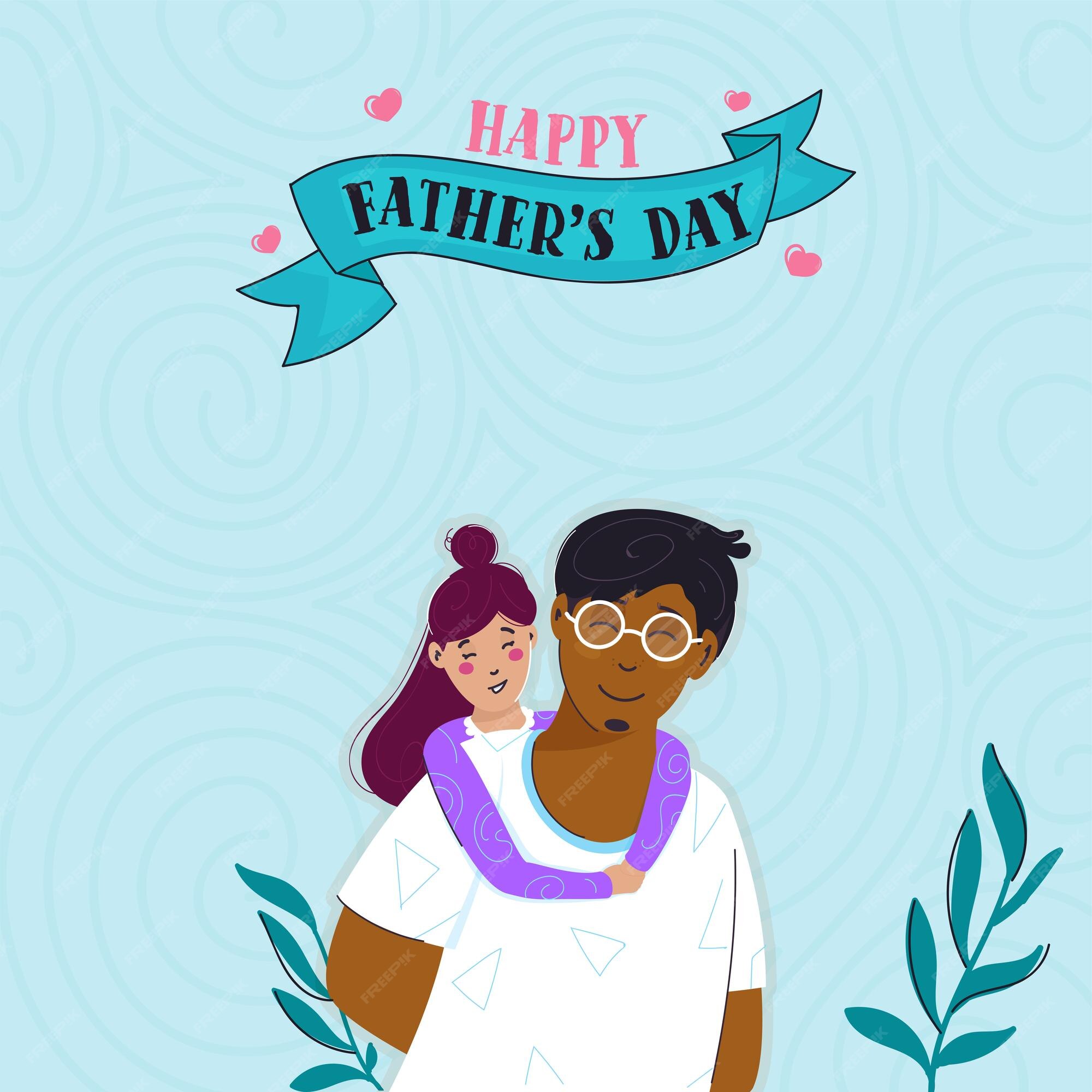 Diseño de afiches del día del padre feliz con una linda chica abrazando a  su papá por detrás en el fondo del patrón de remolino azul | Vector Premium