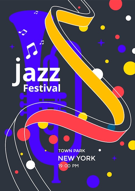 Diseño de afiches del festival de jazz con trompeta. folleto de música para concierto de jazz.