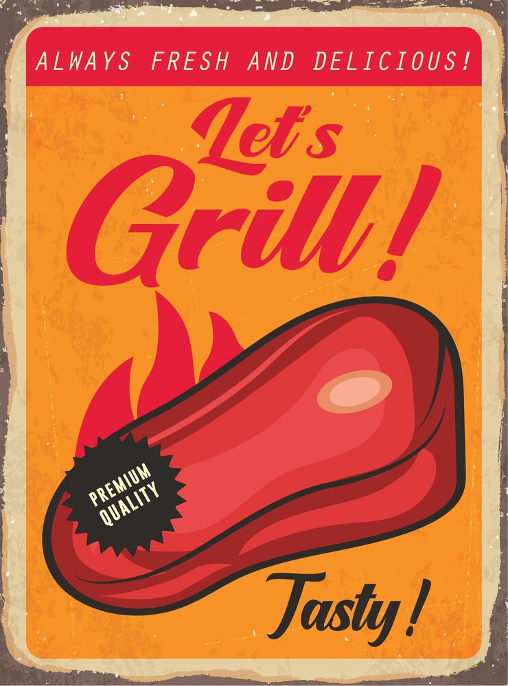 Vector diseño de afiches retro a la parrilla con filete de res fresco plantilla vectorial