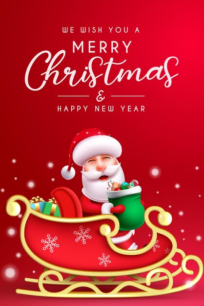 Diseño de afiches vectoriales de Navidad santa. Texto de feliz navidad con personaje de santa claus montando trineo.