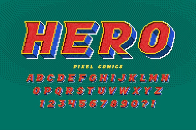 Diseño de alfabeto de píxeles, estilizado como en los juegos de 8 bits. Alto contraste, retro-futurista.