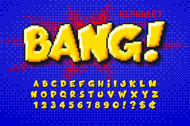 Diseño de alfabeto de píxeles, estilizado como en los juegos de 8 bits.