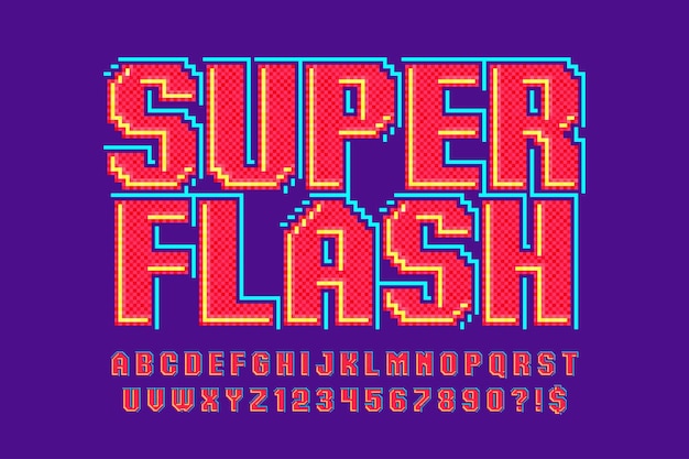 Diseño de alfabeto vectorial estilizado en píxeles de alto contraste y retrofuturismo agudo