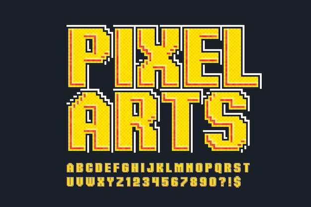 Diseño de alfabeto vectorial estilizado en píxeles de alto contraste y retrofuturismo agudo