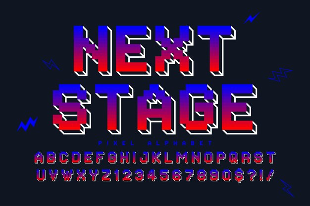 Diseño de alfabeto vectorial de píxeles, estilizado como en juegos de 8 bits. Alto contraste y nitidez, retro-futurista. Control de color de muestra sencillo. Efecto de cambio de tamaño.