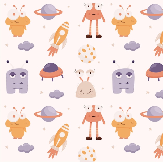 Diseño alienígena lindo sin costuras dibujado a mano patrón sin costuras para niños