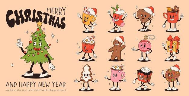 Diseño de alimentos y bebidas navideñas con café en estilo de dibujos animados retro Personaje en los años 50 60 70