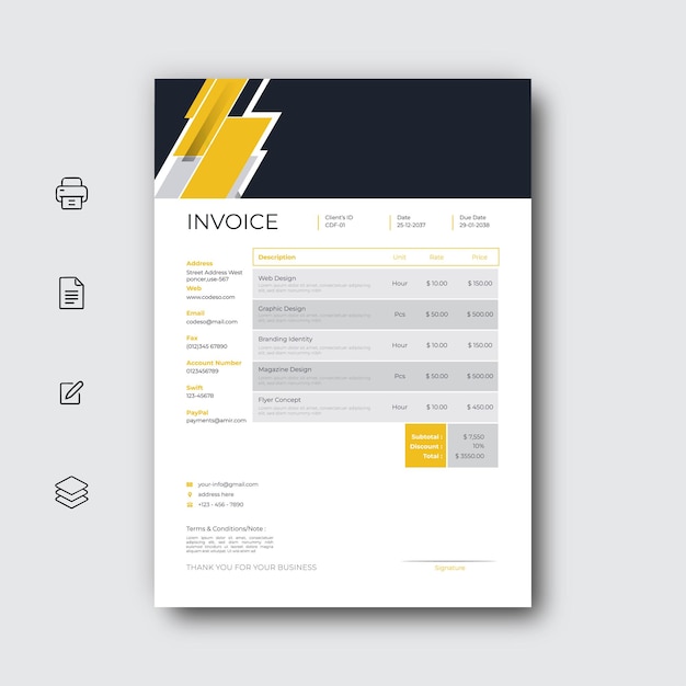 Vector diseño amarillo de factura lista para imprimir
