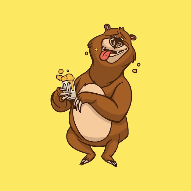 Diseño de animales de dibujos animados bear está bebiendo cerveza lindo logotipo de mascota