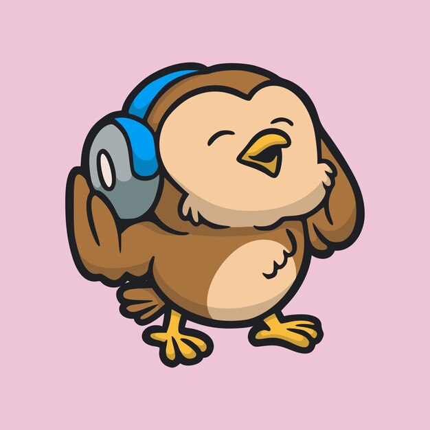 Diseño de animales de dibujos animados Búho escuchando música lindo logotipo de mascota