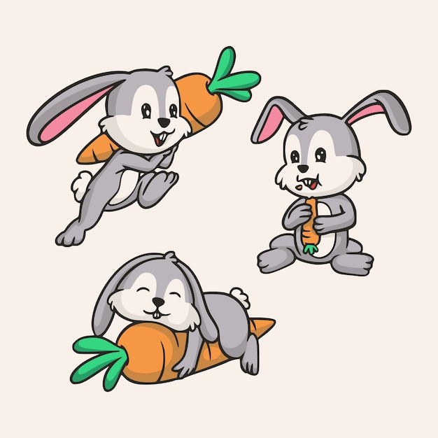 Diseño de animales de dibujos animados conejo llevando zanahorias, comiendo zanahorias y durmiendo ilustración de mascota linda