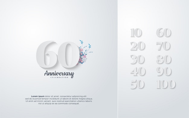 Diseño de aniversario con ilustración de números en blanco con flores.