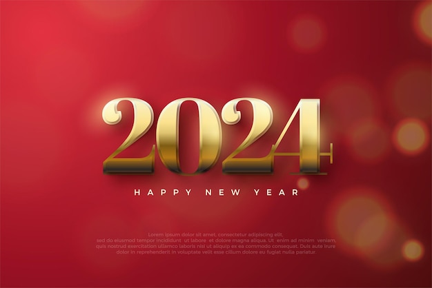 Diseño de año nuevo 2024 con números dorados brillantes clásicos sobre fondo rojo diseño de vector premium para saludo y celebración de feliz año nuevo 2024