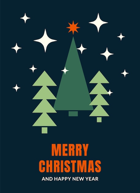 Diseño de Año Nuevo con árboles de Navidad minimalistas y estrellas en un fondo oscuro