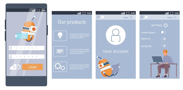 Diseño de la aplicación de chatbot de IA conversacional en diseño plano