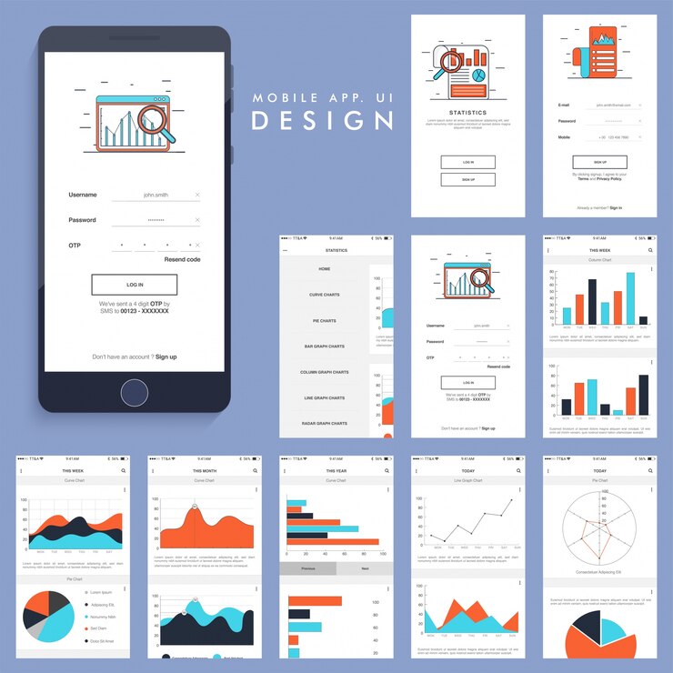 Vector diseño de aplicación móvil con gráficos