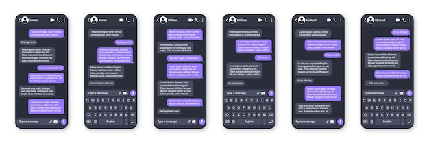 Diseño de aplicaciones de mensajería interfaz de usuario SMS marco de texto conversación pantalla de chat con mensaje violeta