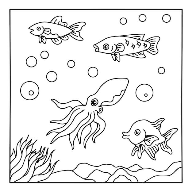 Diseño Aqua Fish para colorear página esquema arte