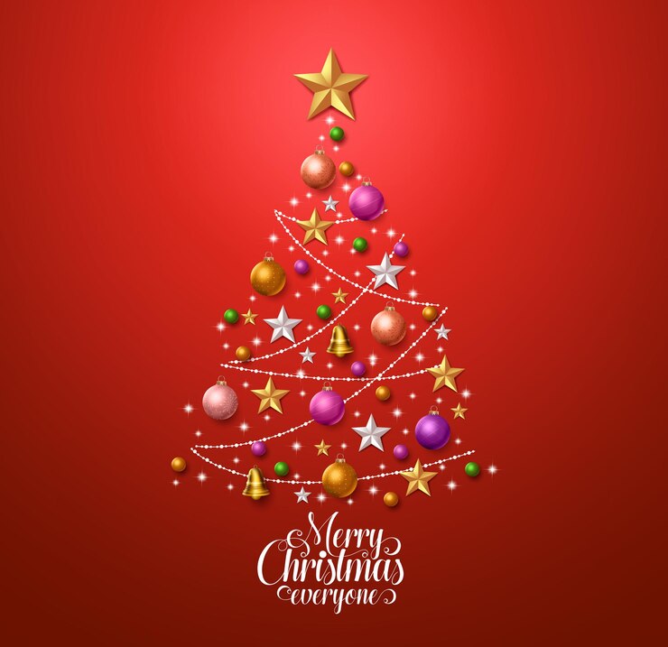 Vector diseño de árbol de navidad para tarjetas de felicitación con coloridas decoraciones navideñas y tipografía
