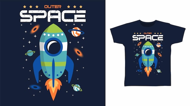 Diseño de arte de camiseta de dibujos animados de cohete espacial