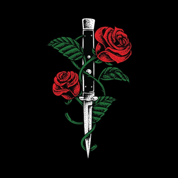 Diseño de arte de ilustración de cuchillo y rosas