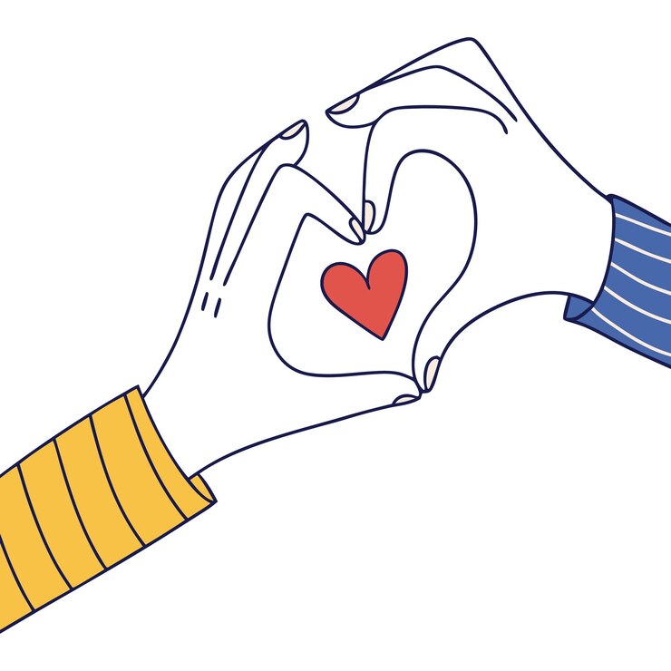 Vector diseño de arte de línea de corazones y manos que representa el amor, el cuidado y la conexión para el romántico