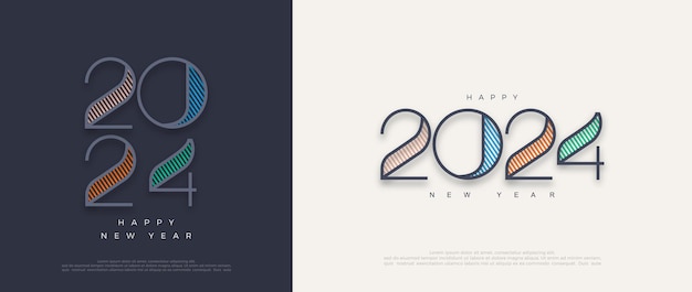 Diseño de arte de línea feliz año nuevo 2024 saludo y celebración Ilustración de vector premium para cartel de banner calendario y saludo feliz año nuevo 2024